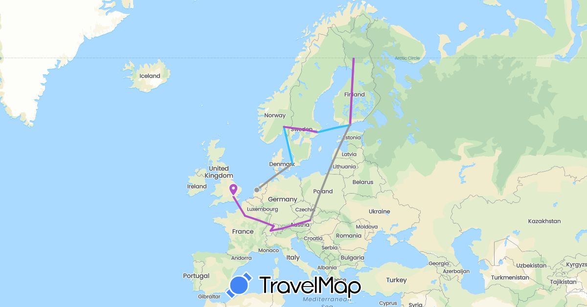 TravelMap itinerary: driving, plane, train, boat in Austria, Switzerland, Denmark, Finland, France, United Kingdom, Netherlands, Norway, Sweden (Europe)
